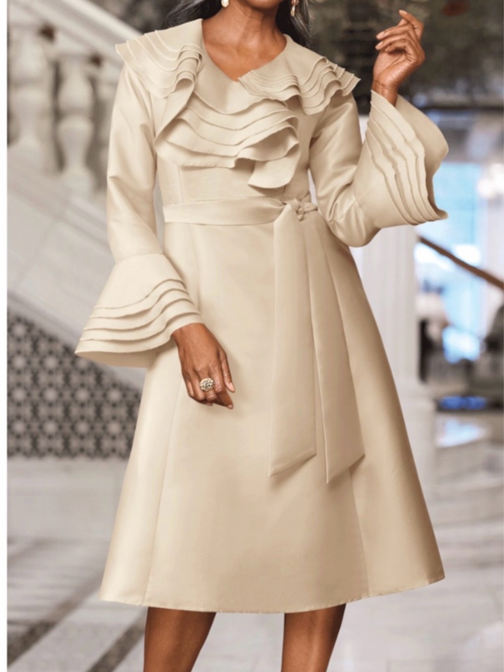 Ashro Cream Ruffle-Trim Long Sleeve A-Line Dress
